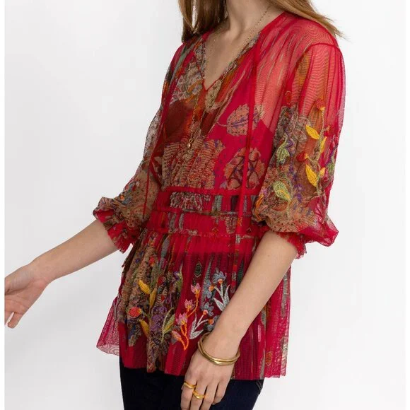Johnny Was Feather Lark Mesh Blouse with slip, size L - Picture 2 of 7